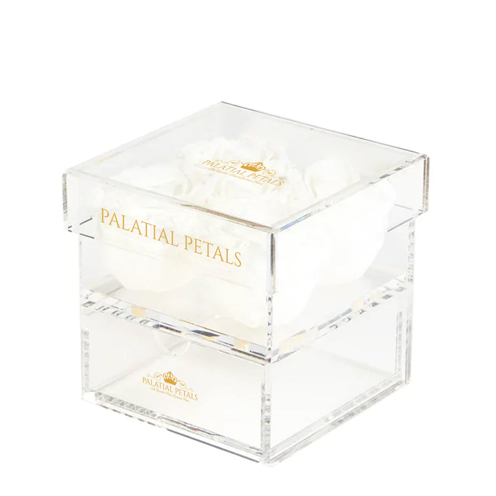 White Preserved Roses in Acrylic Square Jewelry Box – Style 4