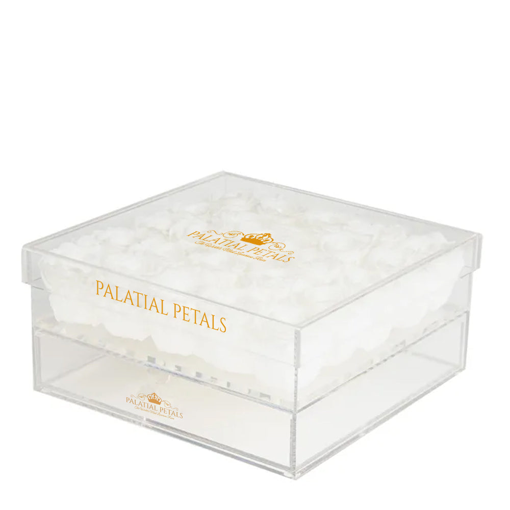 White Preserved Roses in Acrylic Square Jewelry Box