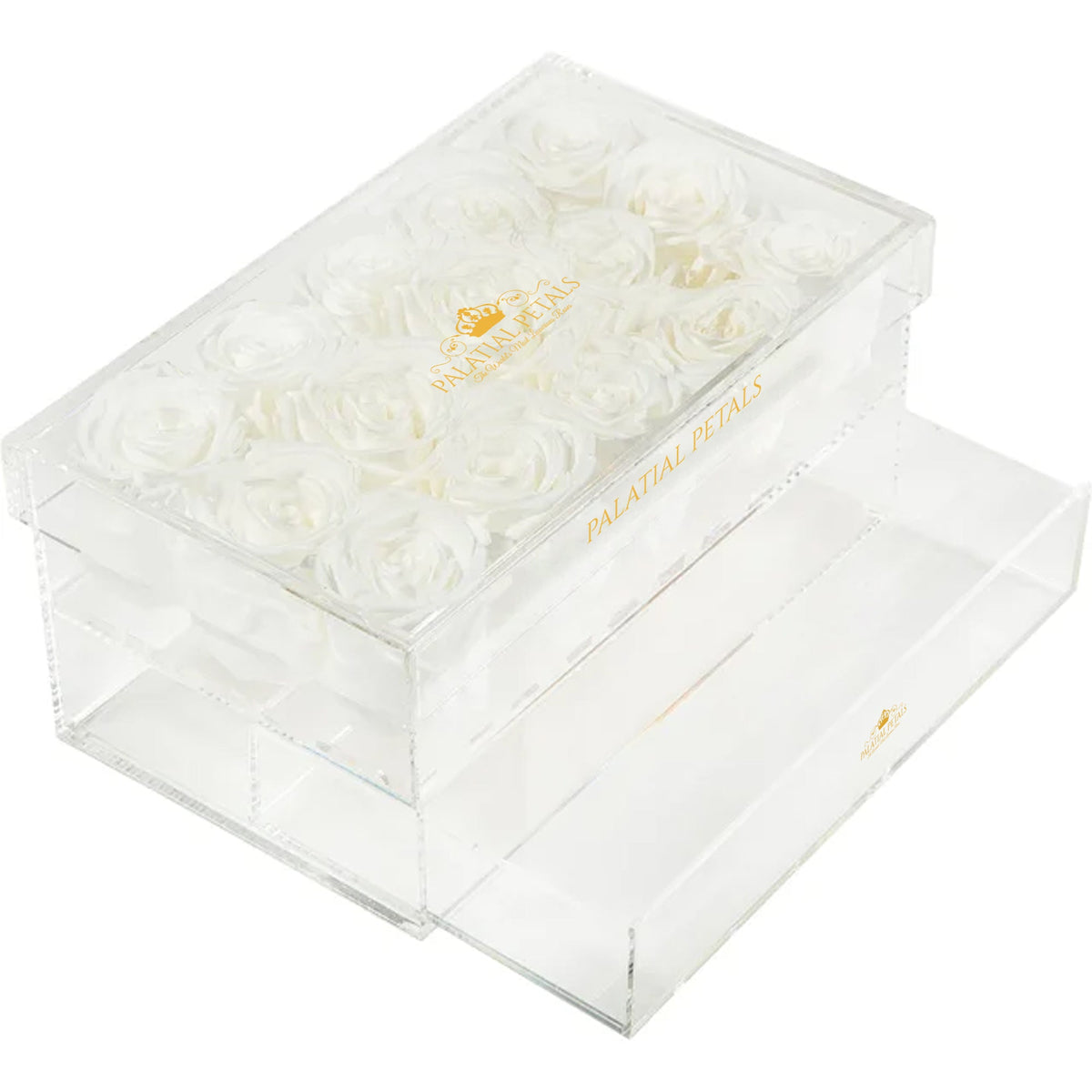 White Preserved Roses in Acrylic Square Jewelry Box – Style 2