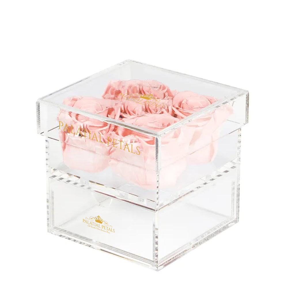Blush Preserved Roses in Acrylic Square Jewelry Box – Style 2