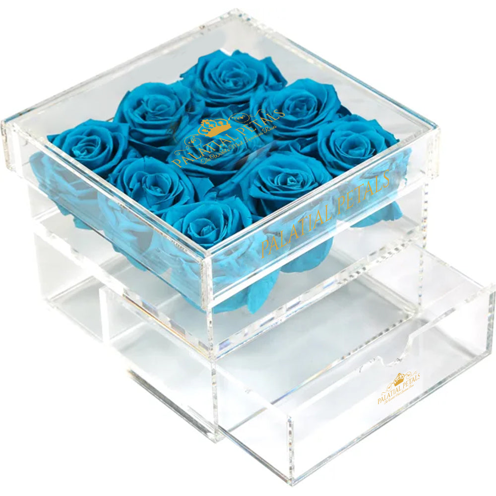 Turquoise Preserved Roses in Acrylic Square Jewelry Box – Style 3