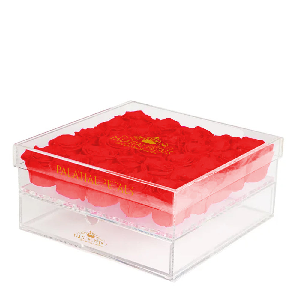 Red Preserved Roses in Acrylic Square Jewelry Box