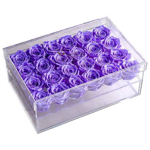 24 Lavender Preserved Roses in Acrylic Rectangle Jewelry Box