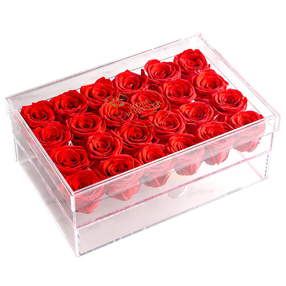 24 Red Preserved Roses in Acrylic Rectangle Jewelry Box