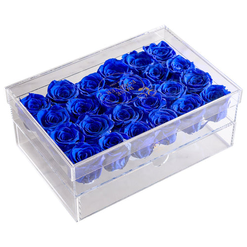 24 Blue Preserved Roses in Acrylic Rectangle Jewelry Box