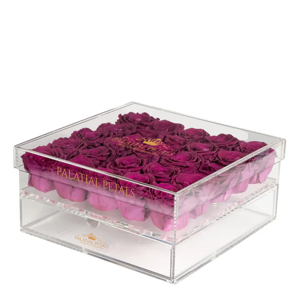 Purple Preserved Roses in Acrylic Square Jewelry Box – Style 4