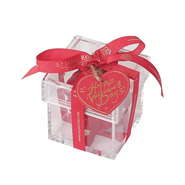 Single Mini Scarlet Preserved Rose in Acrylic Gift Box for Valentine's Day