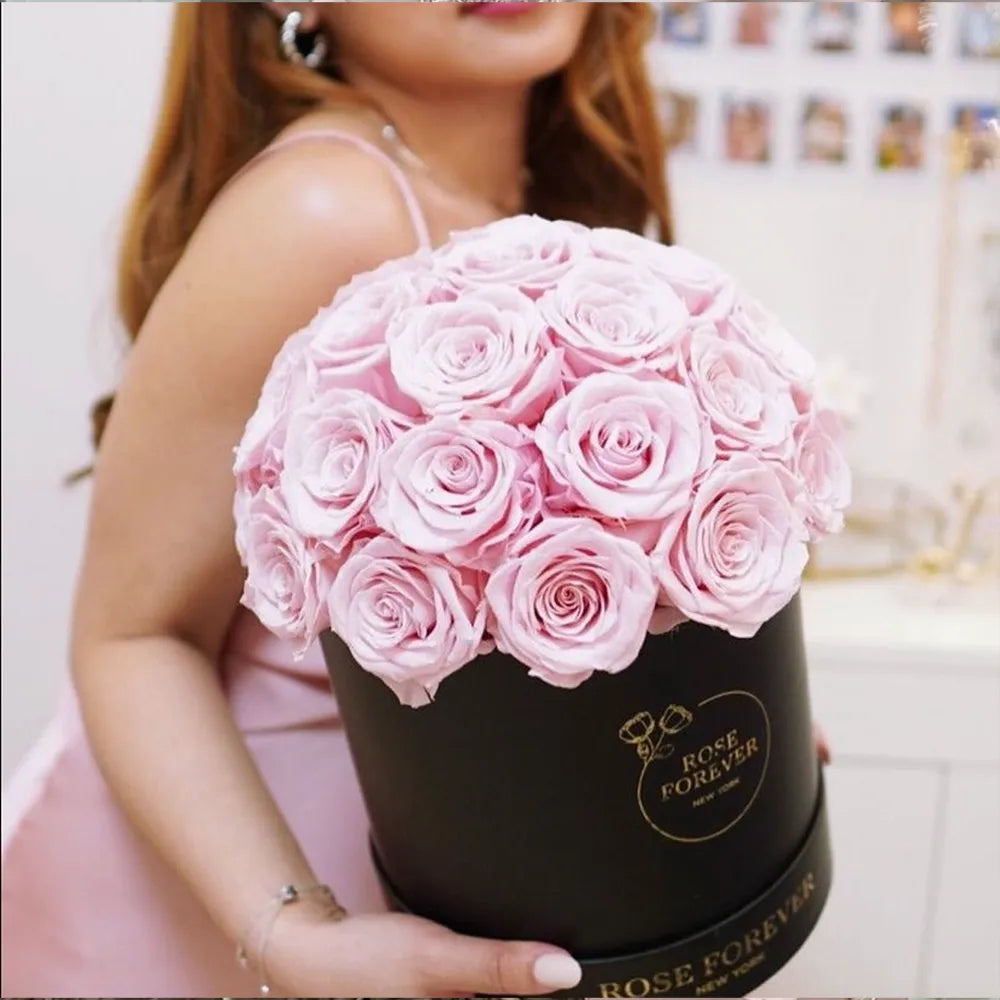 35 Pink & Black Preserved Roses in Dome Box