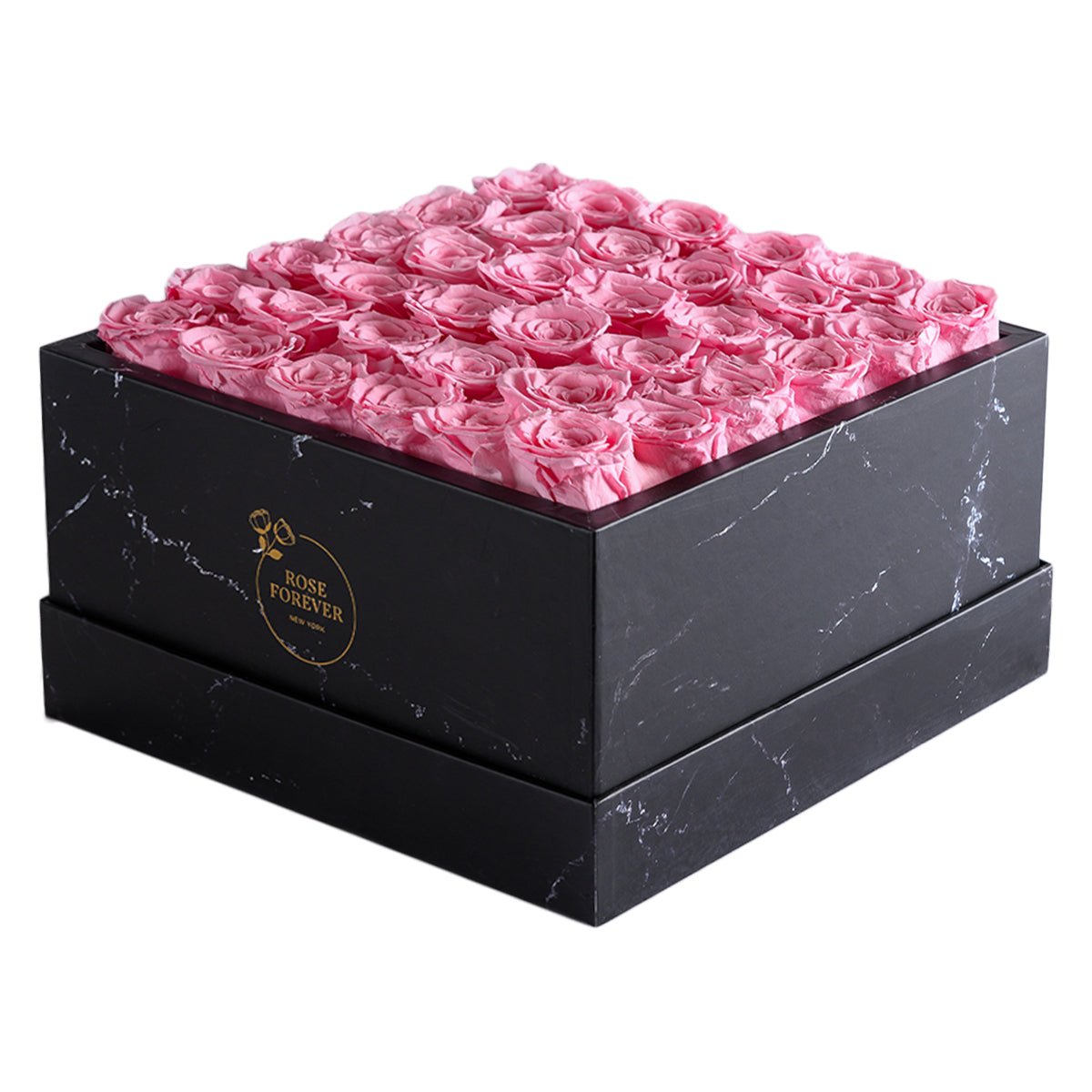 36 Pink & Black Preserved Roses in Marble Square Gift Box