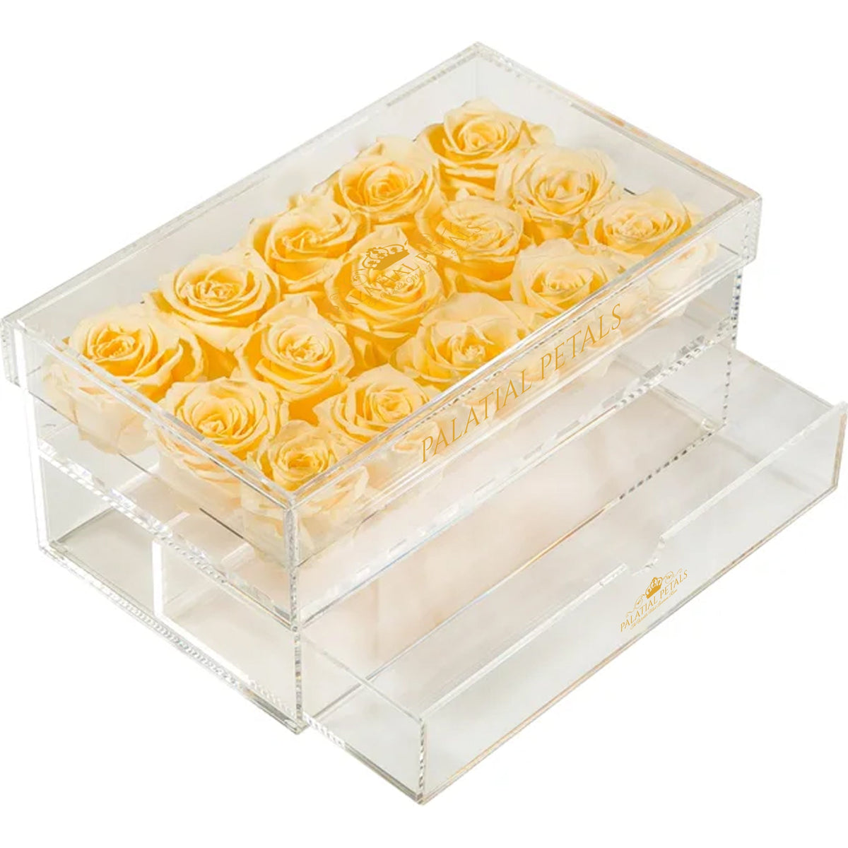 Peach Preserved Roses in Acrylic Square Jewelry Box