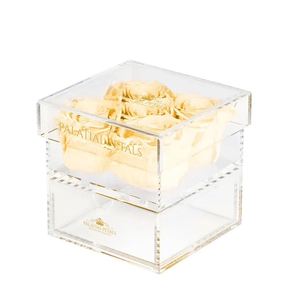 Champagne Preserved Roses in Acrylic Square Jewelry Box – Style 3