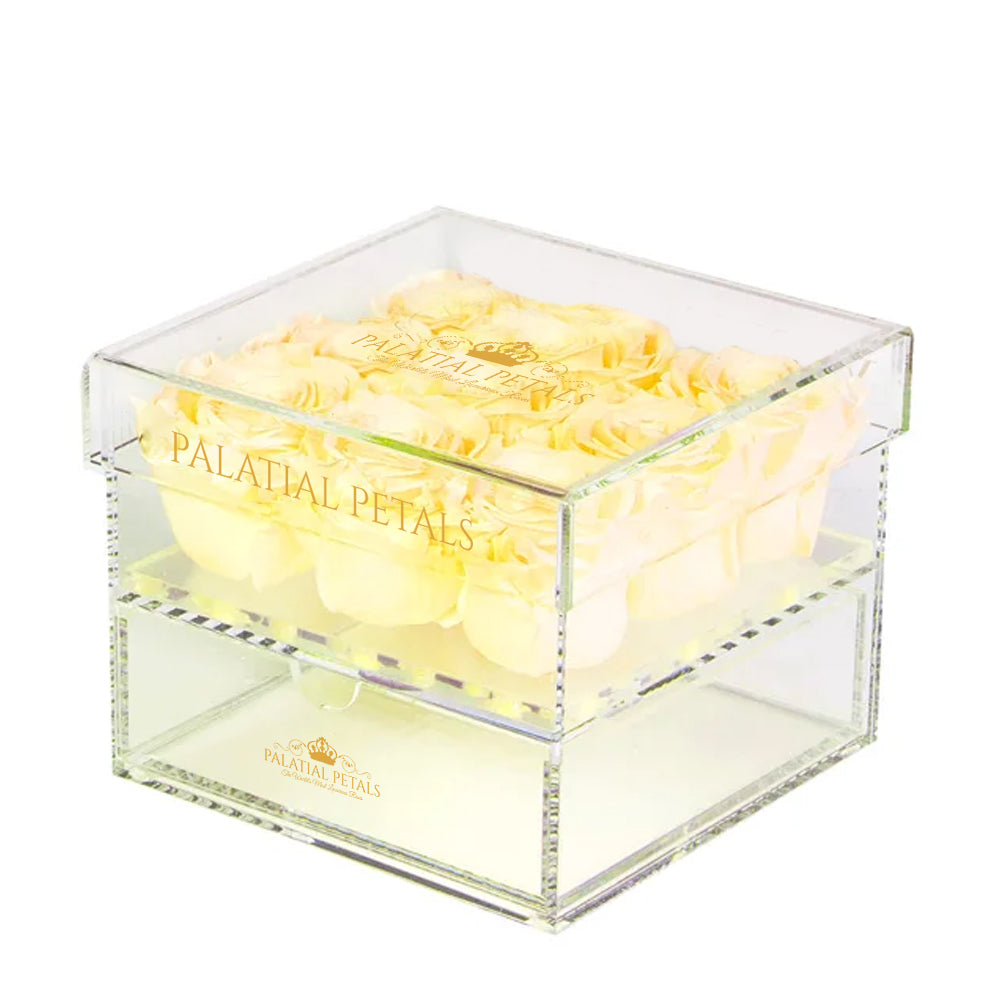 Champagne Preserved Roses in Acrylic Square Jewelry Box – Style 2