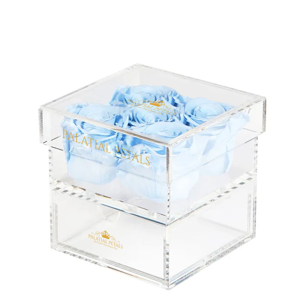 Blue Preserved Roses in Acrylic Square Jewelry Box – Style 4