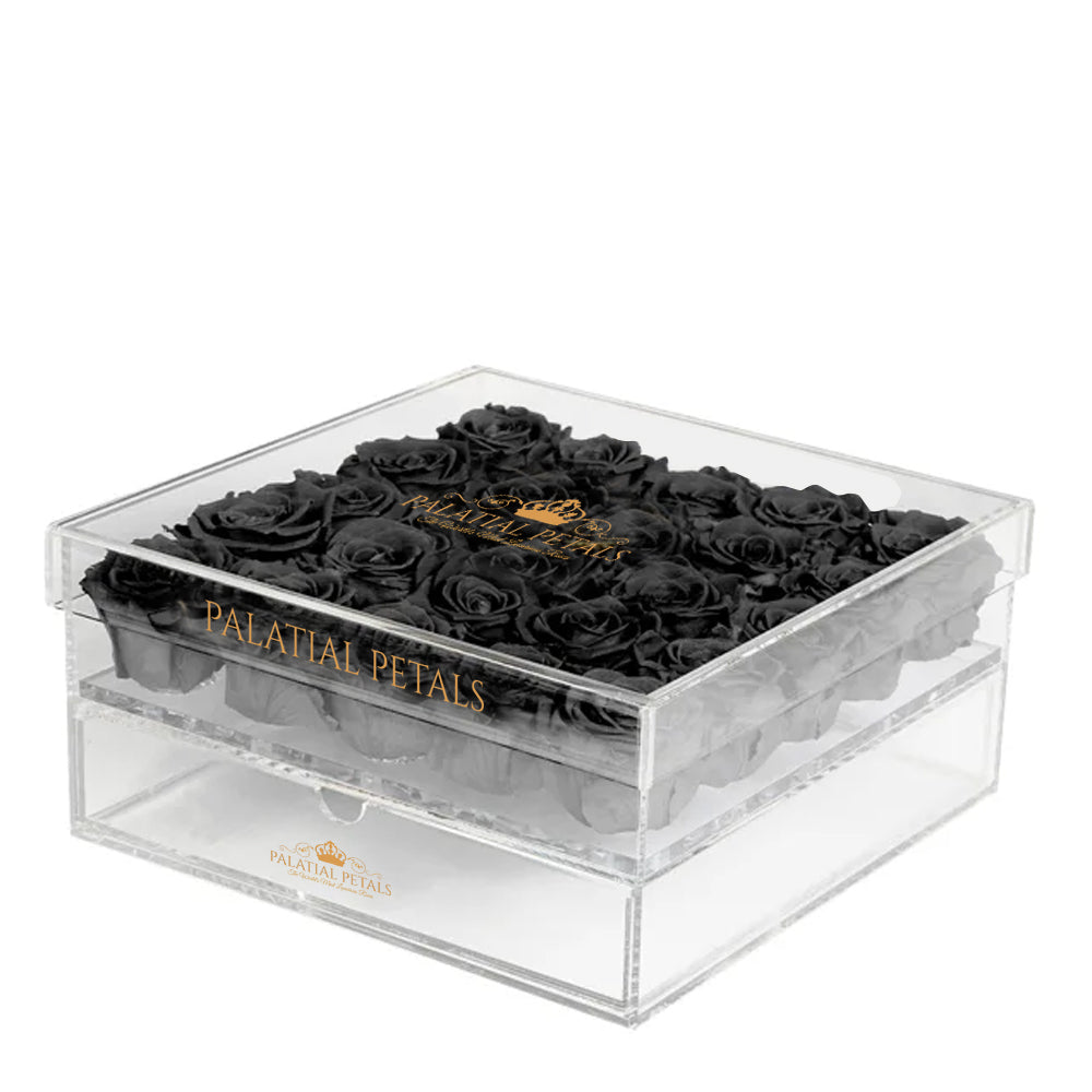 Black Preserved Roses in Acrylic Square Jewelry Box – Style 4