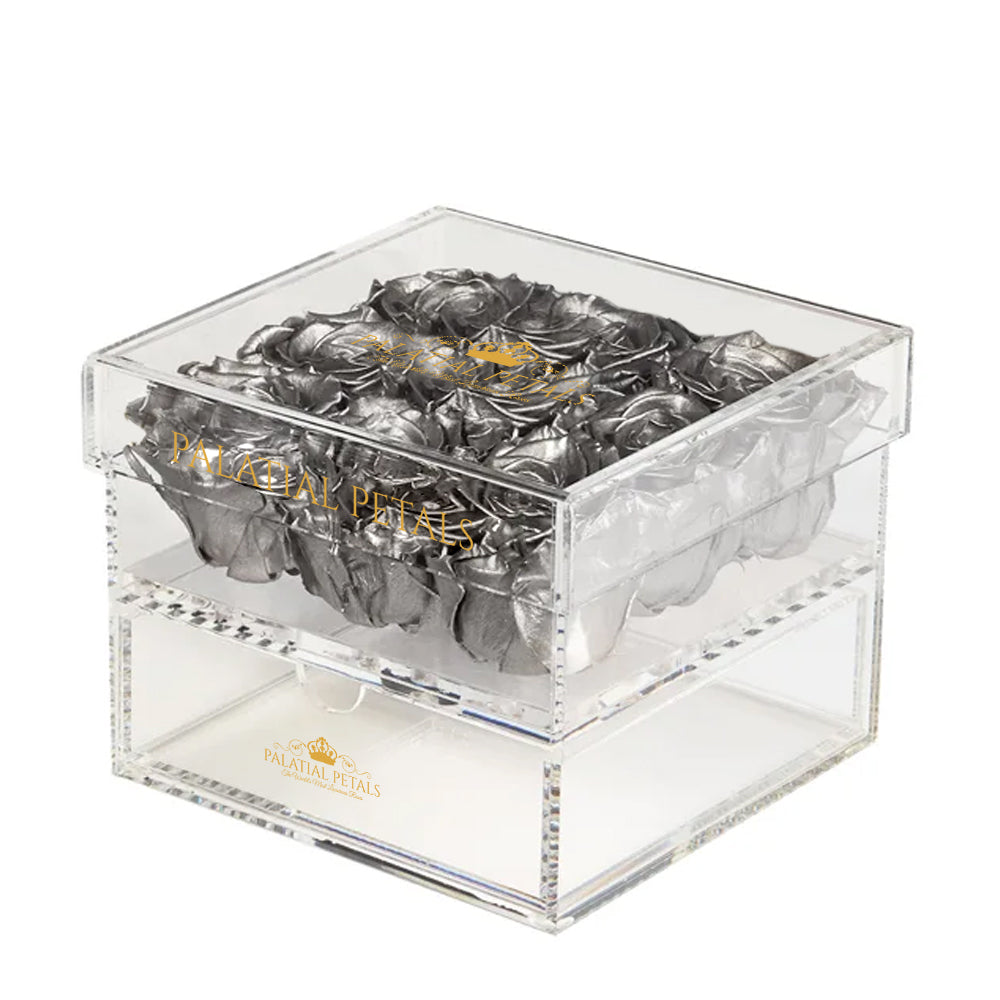 Silver Preserved Roses in Acrylic Square Jewelry Box – Style 3