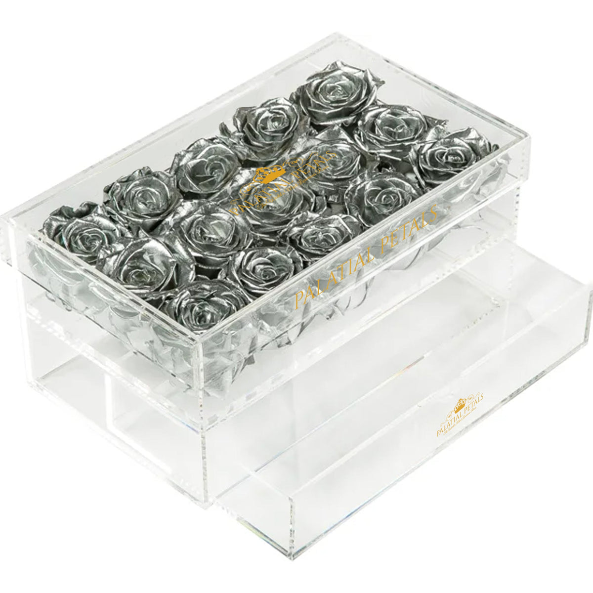 Silver Preserved Roses in Acrylic Square Jewelry Box – Style 4
