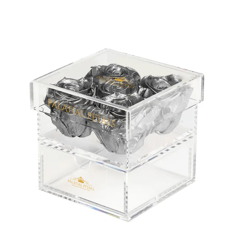 Silver Preserved Roses in Acrylic Square Jewelry Box – Style 2