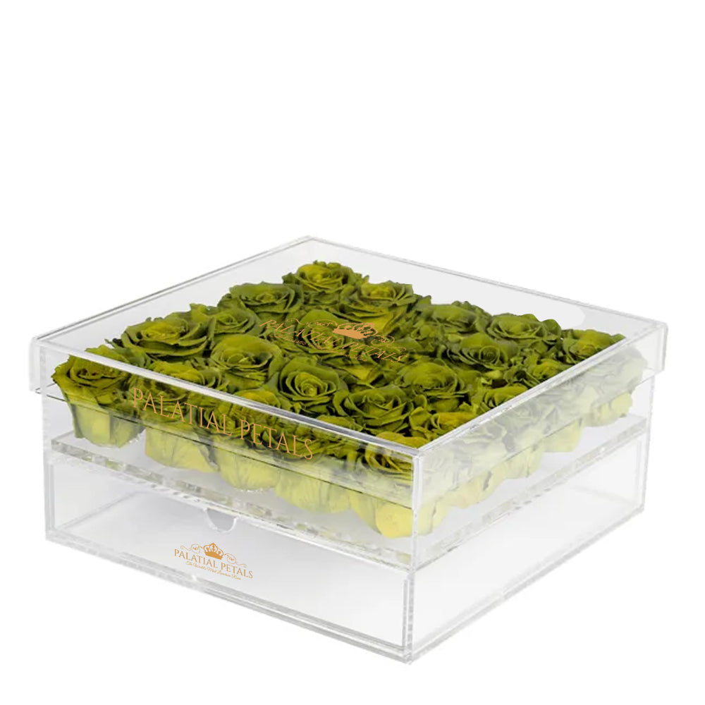 Green Preserved Roses in Acrylic Square Jewelry Box