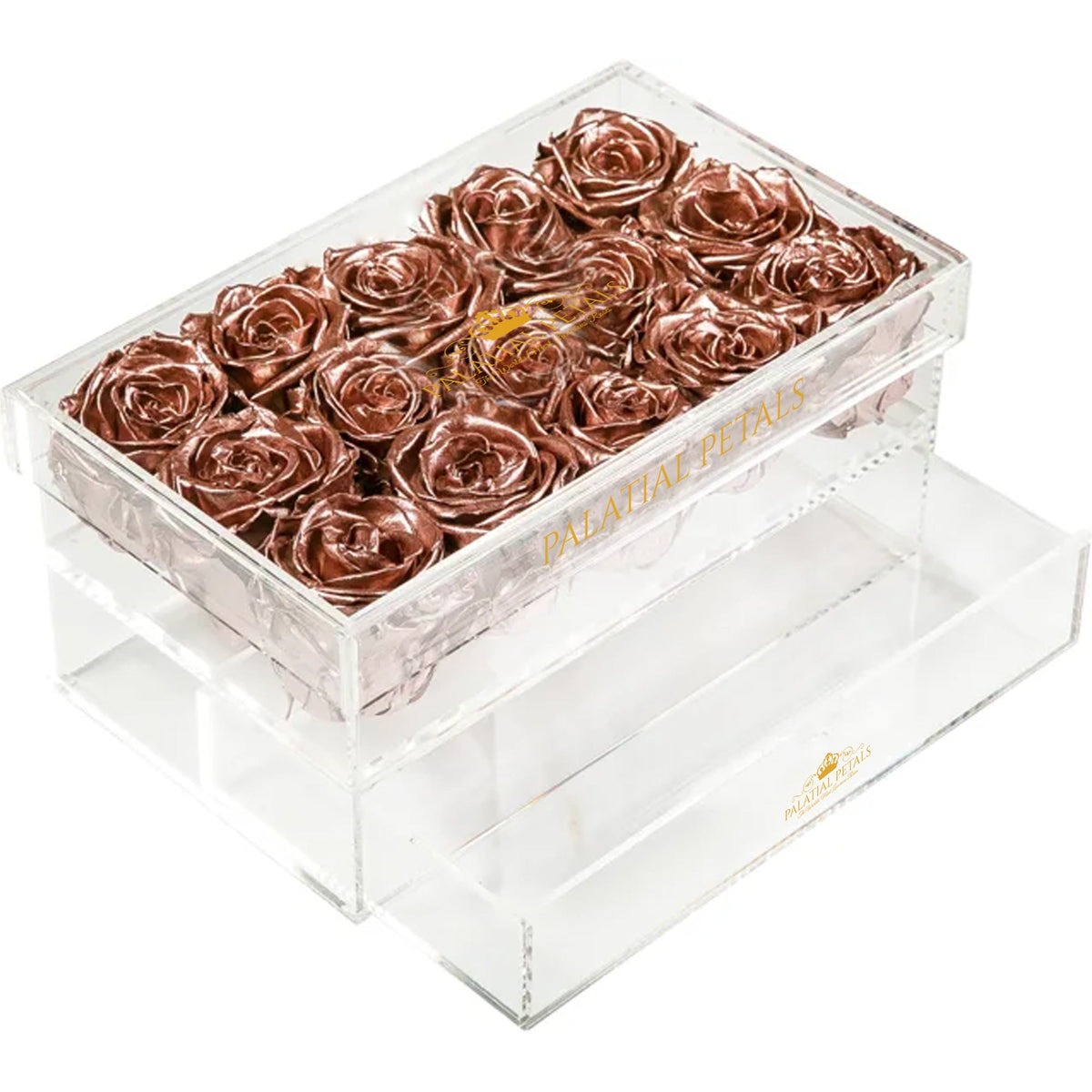 Rose Gold Preserved Roses in Acrylic Square Jewelry Box – Style 3