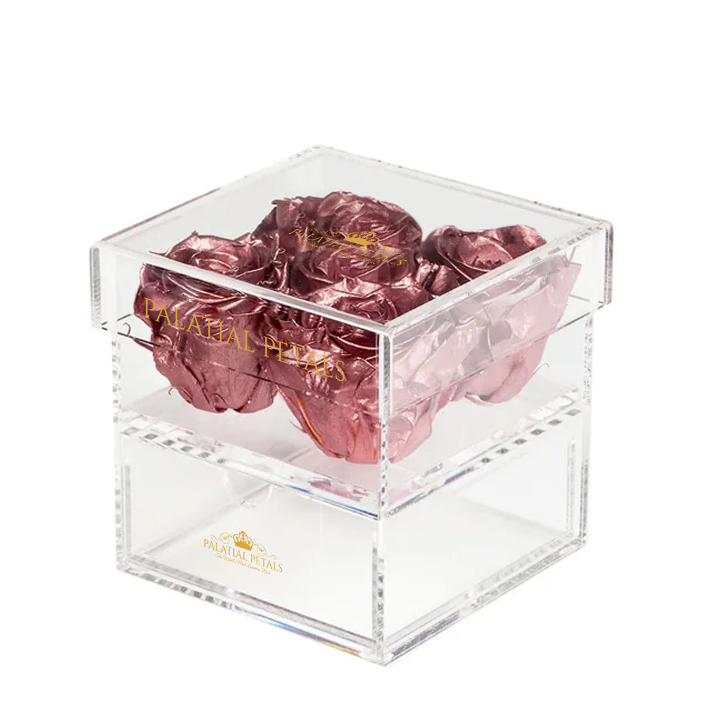 Rose Gold Preserved Roses in Acrylic Square Jewelry Box
