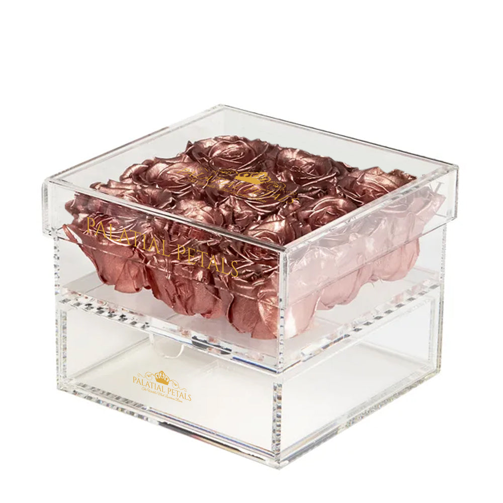 Rose Gold Preserved Roses in Acrylic Square Jewelry Box – Style 2
