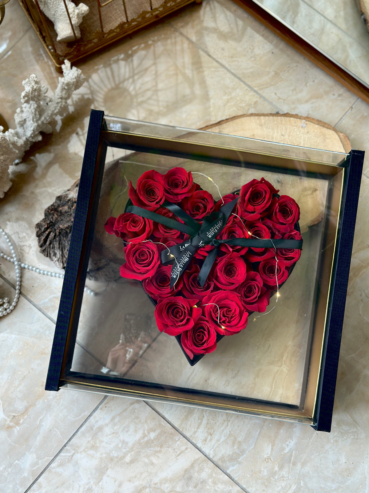 Red Preserved Roses in Acrylic Heart Gift Box – Style 2