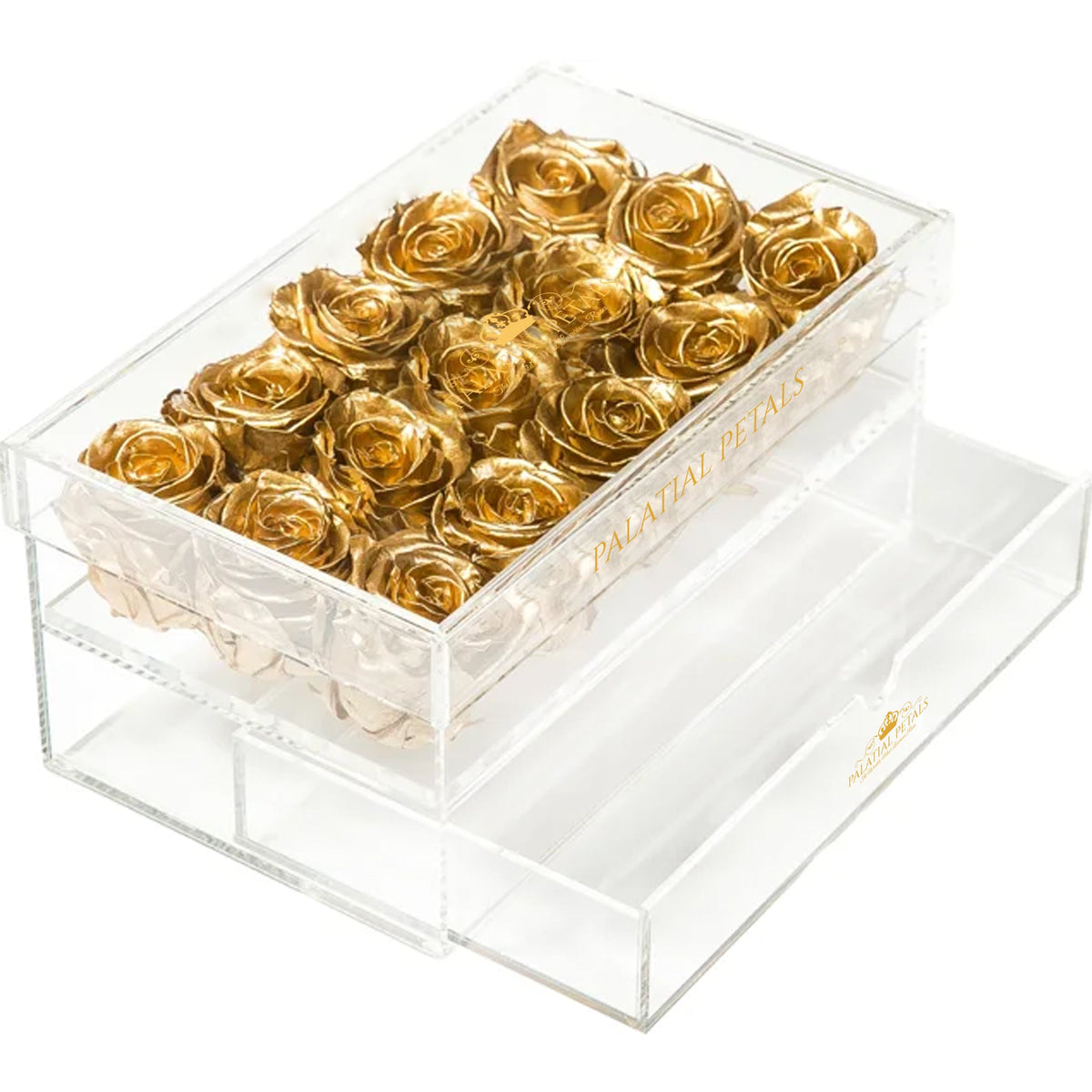 Gold Preserved Roses in Acrylic Square Jewelry Box – Style 4