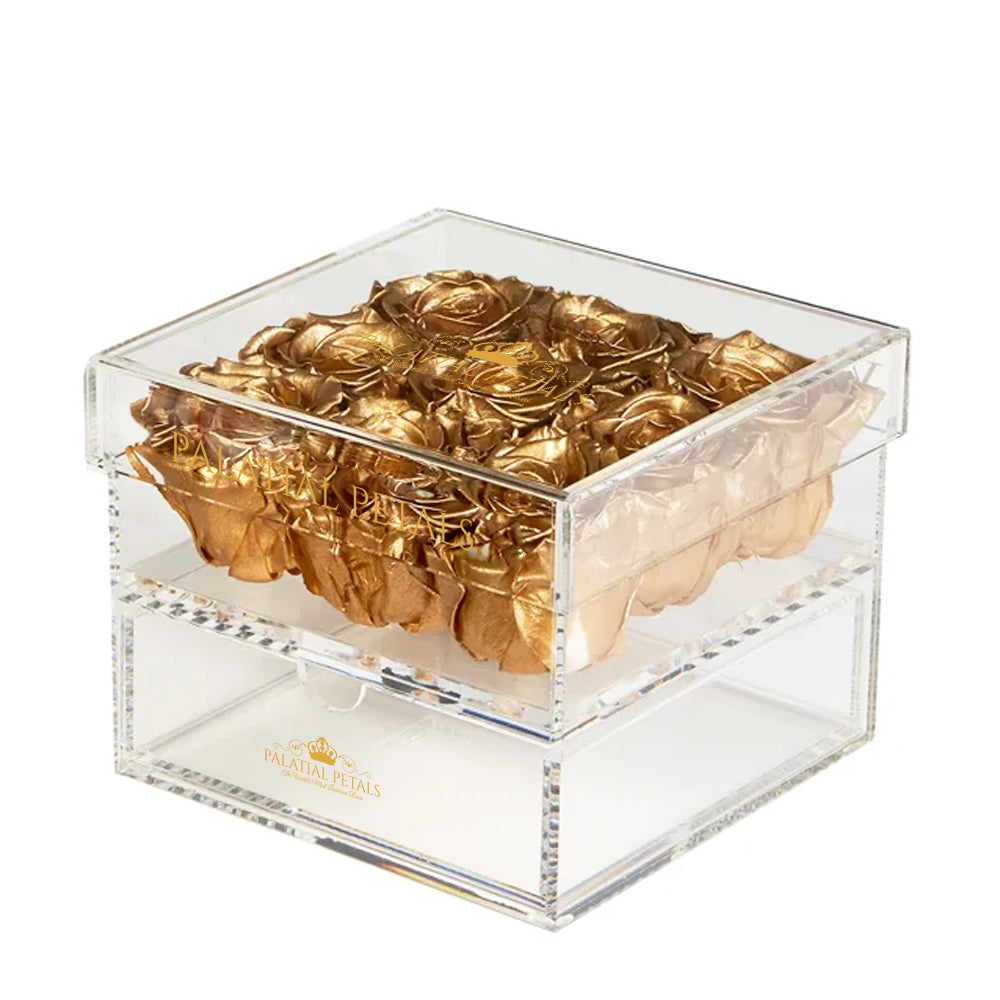 Gold Preserved Roses in Acrylic Square Jewelry Box – Style 3