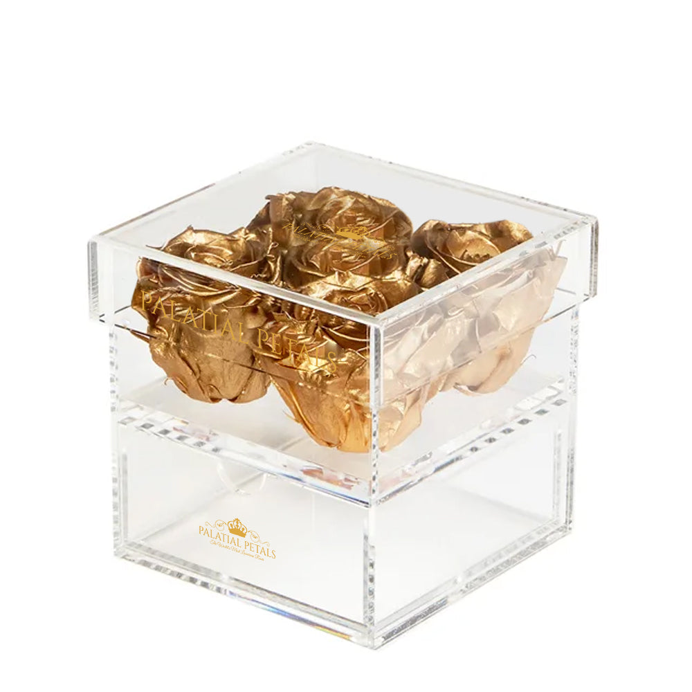 Gold Preserved Roses in Acrylic Square Jewelry Box