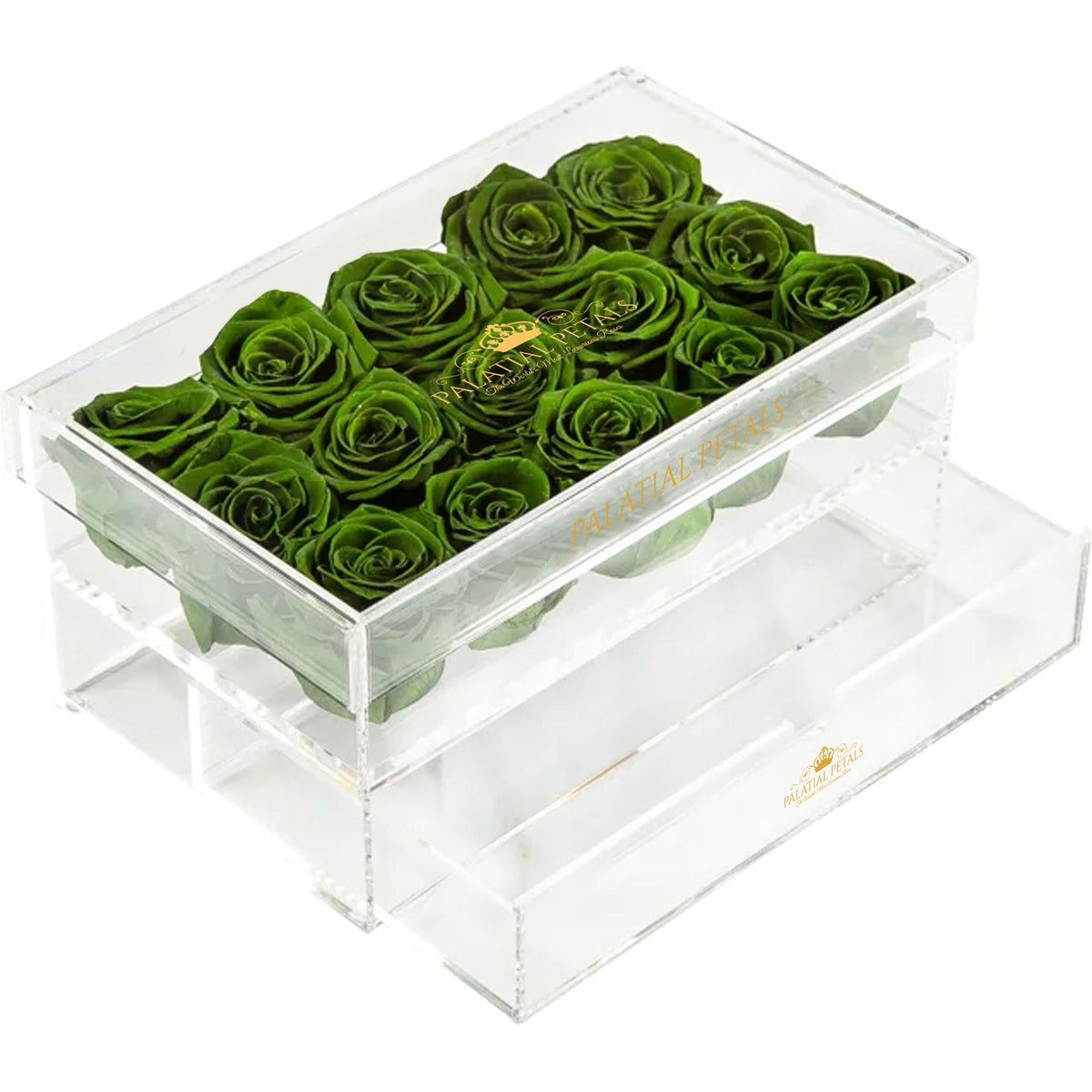Green Preserved Roses in Acrylic Square Jewelry Box – Style 4