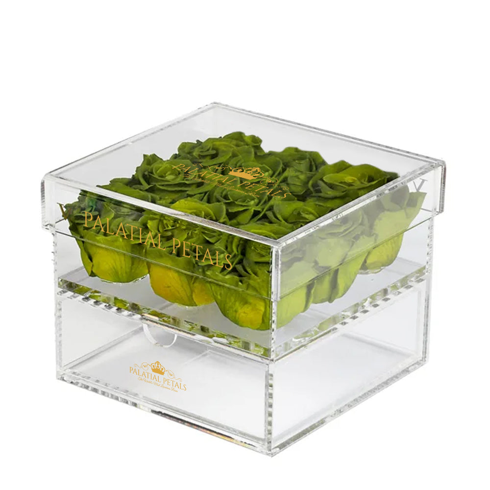 Green Preserved Roses in Acrylic Square Jewelry Box – Style 3