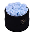 9 Blue Preserved Roses in Black Velvet Round Gift Box