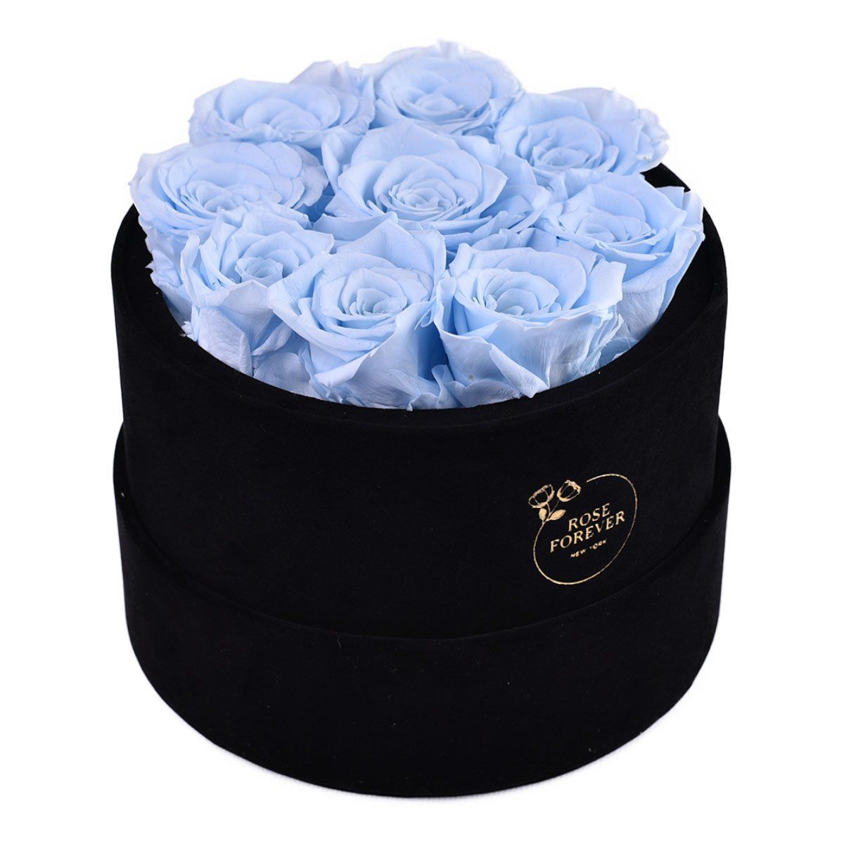 9 Blue Preserved Roses in Black Velvet Round Gift Box