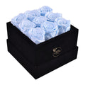 9 Blue Preserved Roses in Black Velvet Square Gift Box