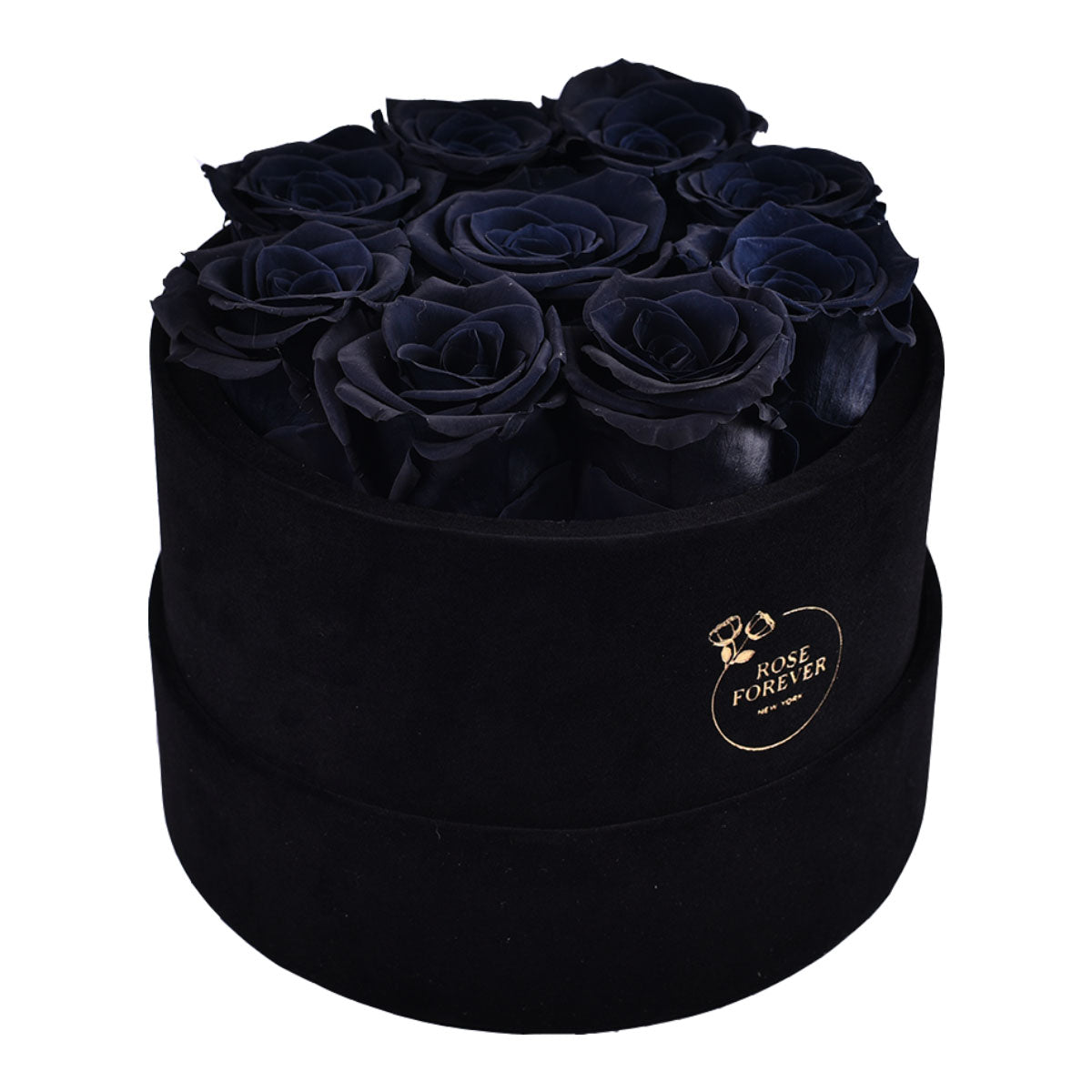 9 Black Preserved Roses in Velvet Round Gift Box