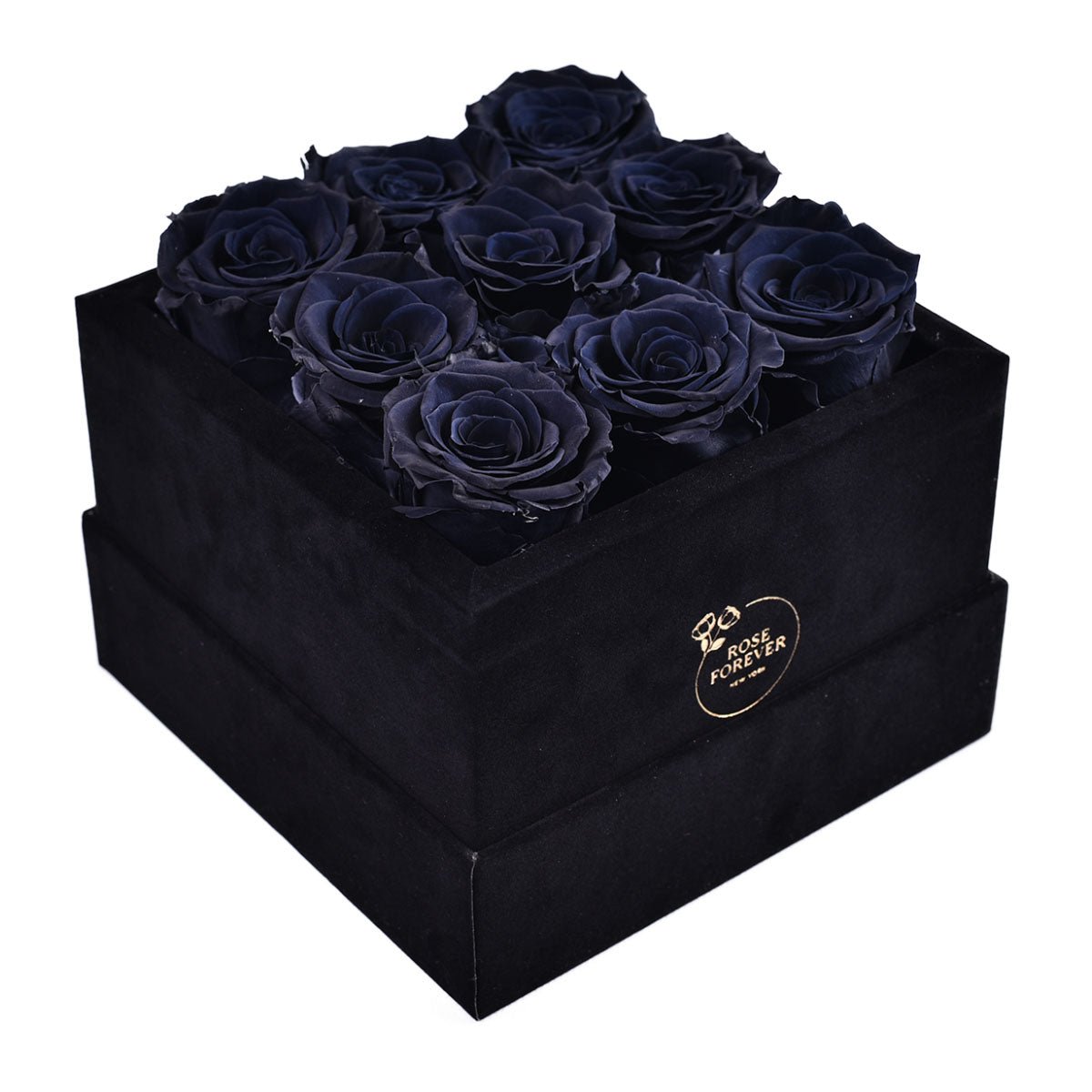 9 Black Preserved Roses in Velvet Square Gift Box