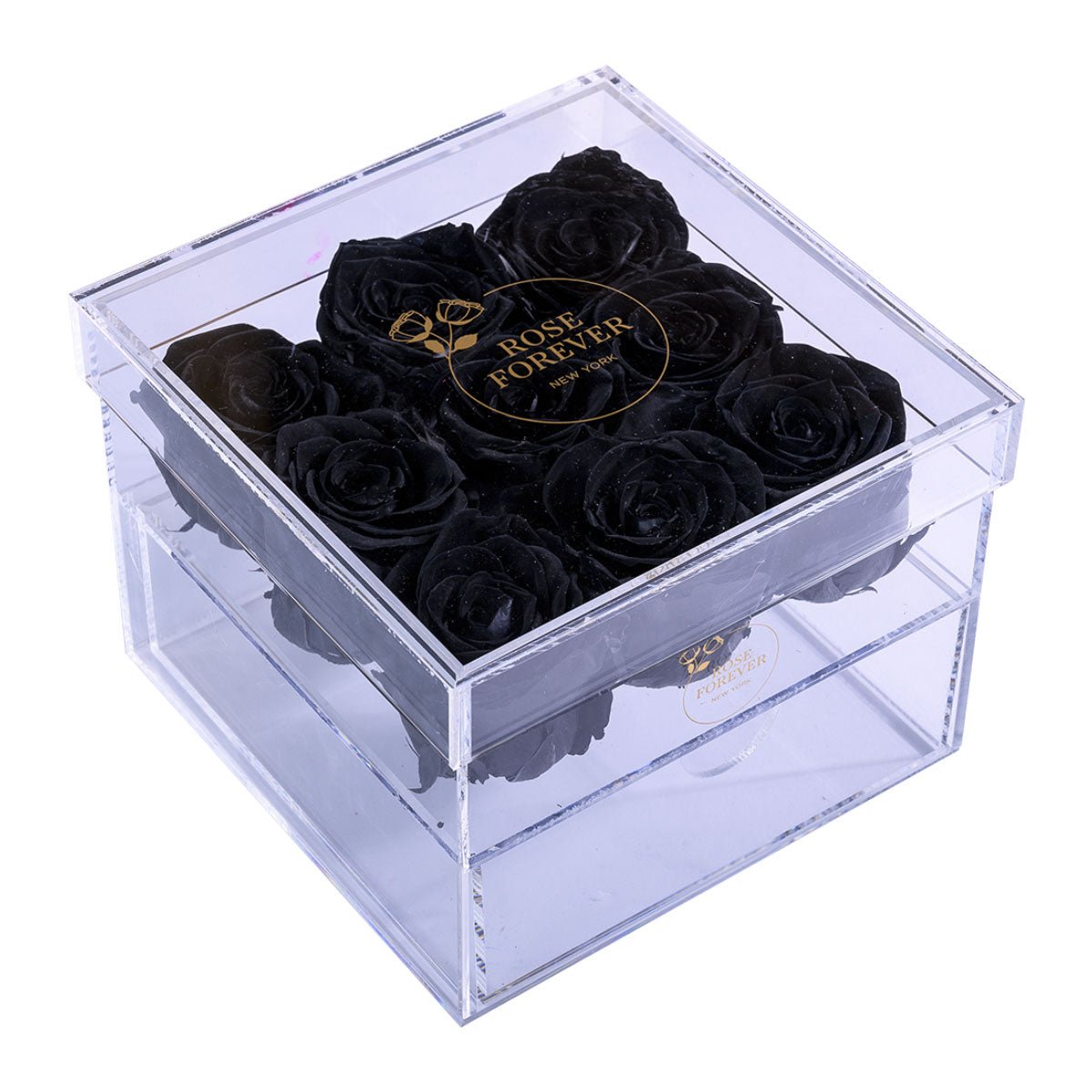 9 Black Preserved Roses in Acrylic Square Jewelry Box