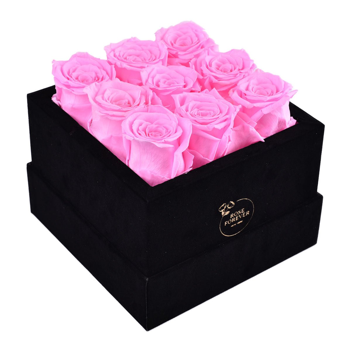 9 Fuchsia Preserved Roses in Velvet Square Gift Box