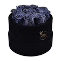 9 Gray & Blue Preserved Roses in Velvet Round Gift Box