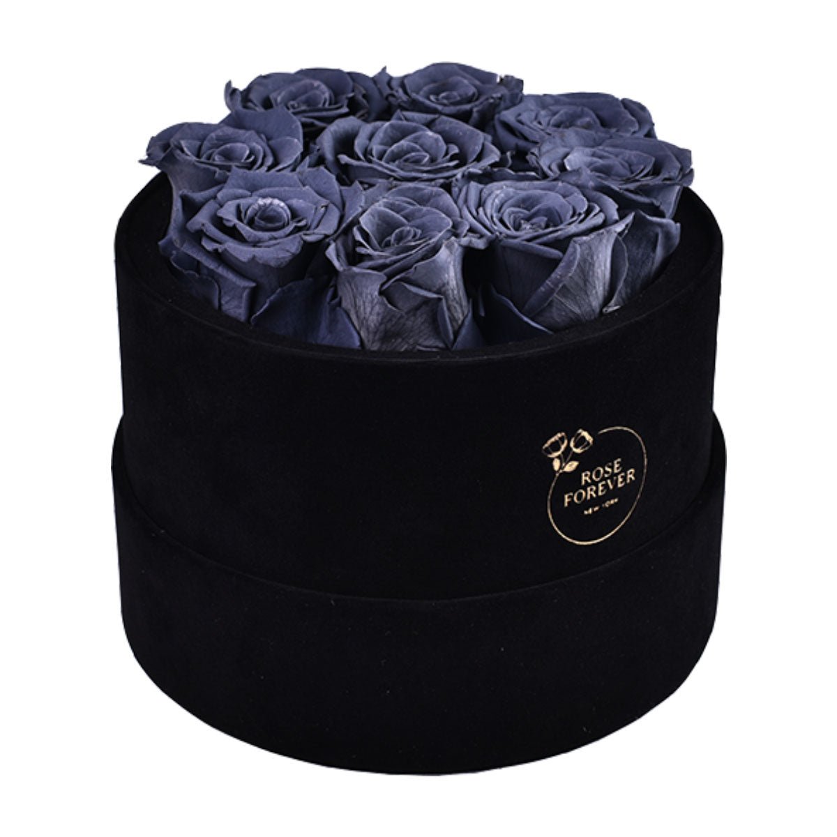 9 Gray & Blue Preserved Roses in Velvet Round Gift Box