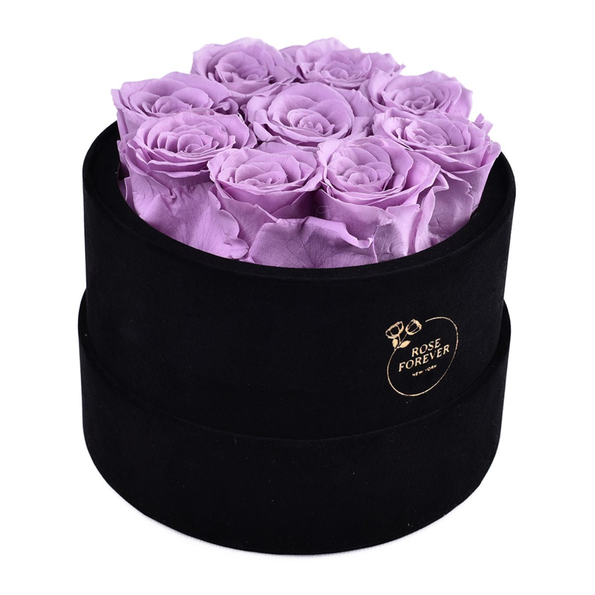 9 Lilac Preserved Roses in Velvet Round Gift Box