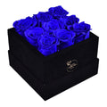 9 Royal Blue Preserved Roses in Black Velvet Square Gift Box