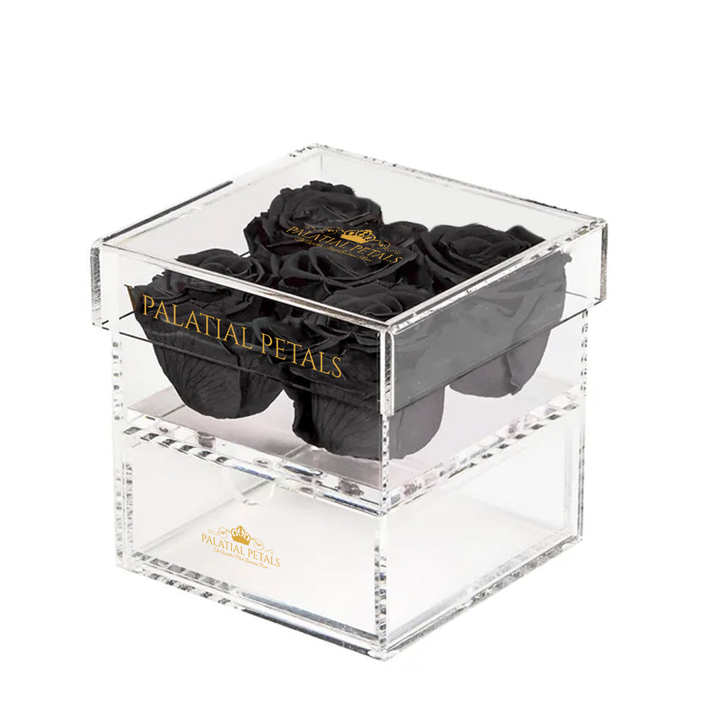 Black Preserved Roses in Acrylic Square Jewelry Box