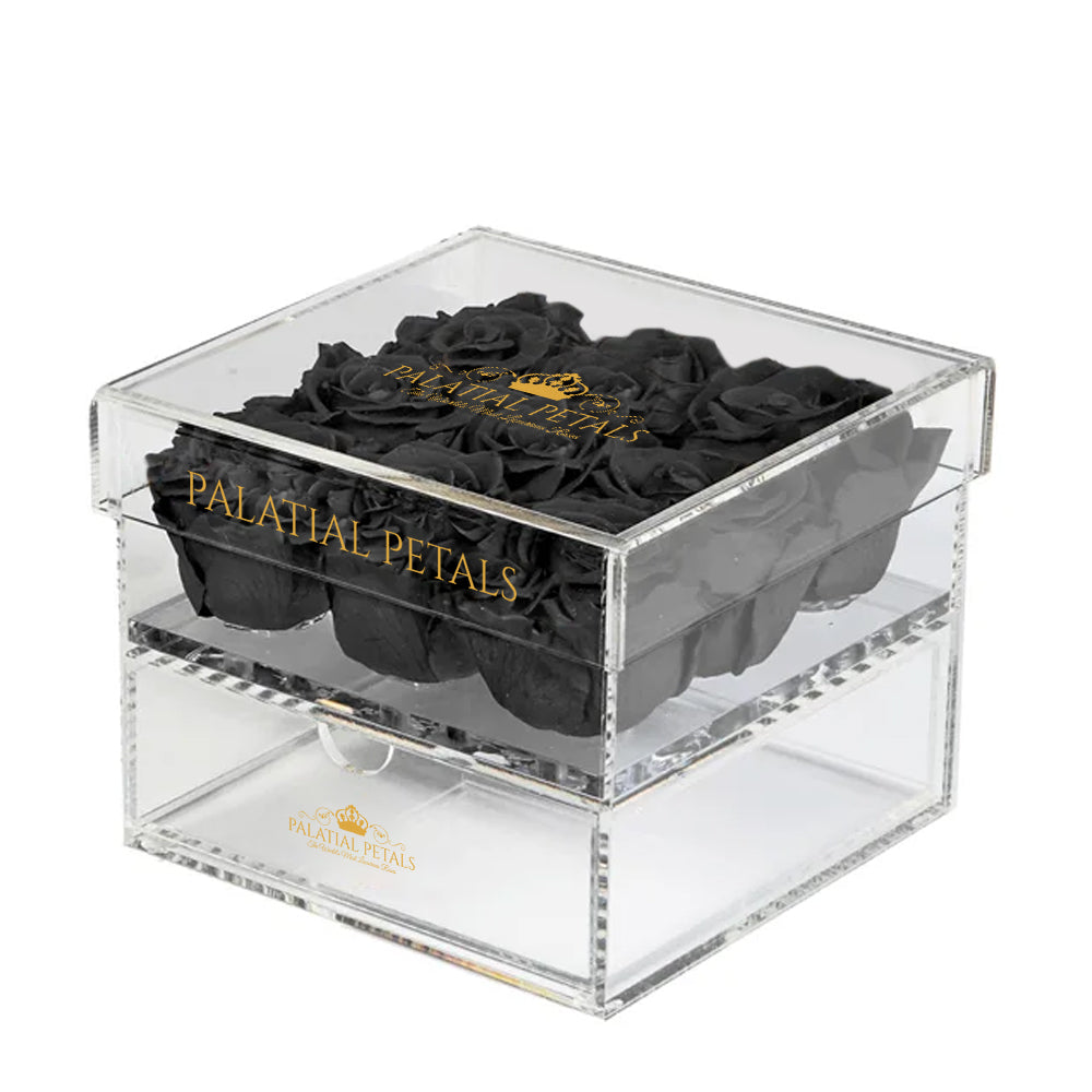 Black Preserved Roses in Acrylic Square Jewelry Box – Style 2