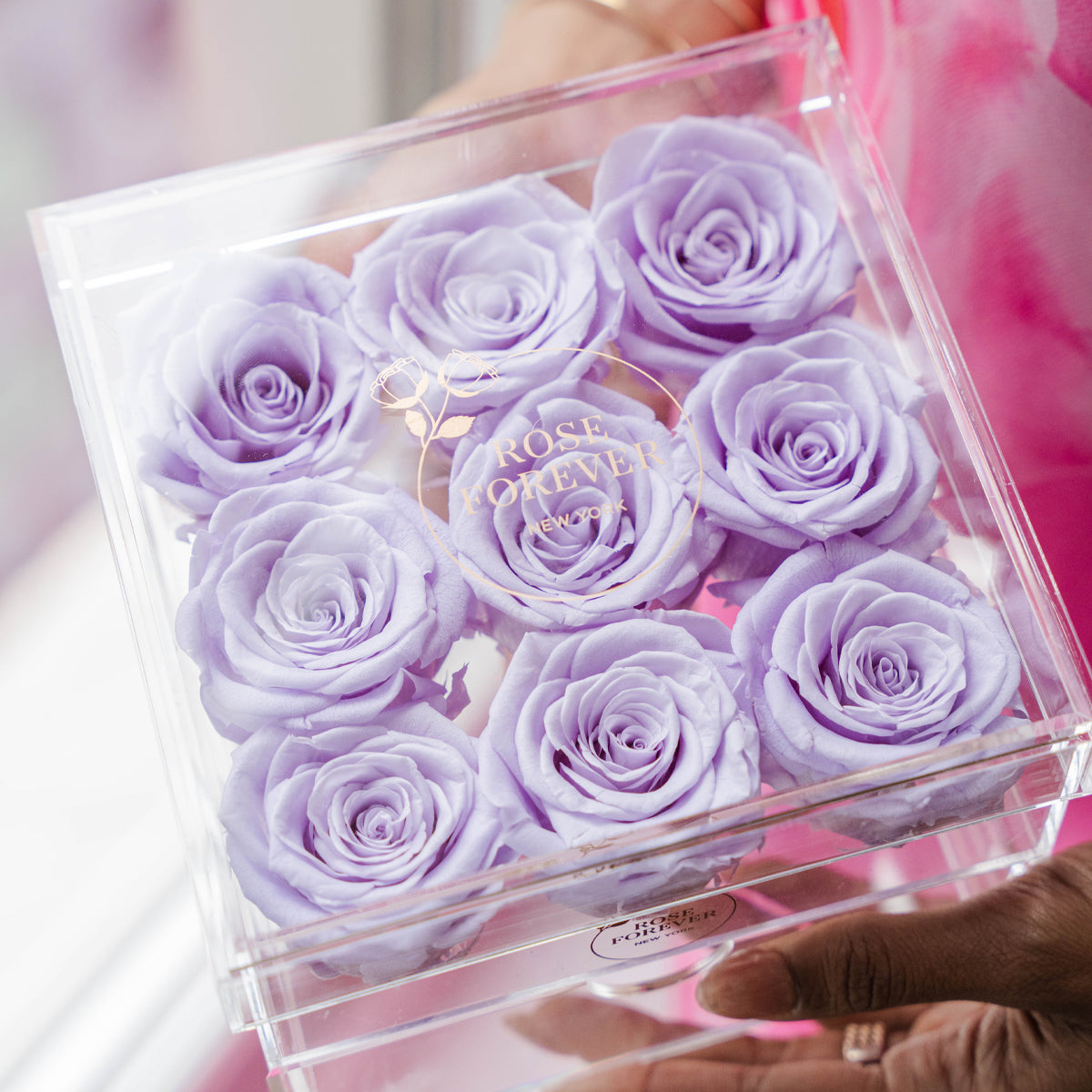 9 Lavender Preserved Roses in Acrylic Square Jewelry Box