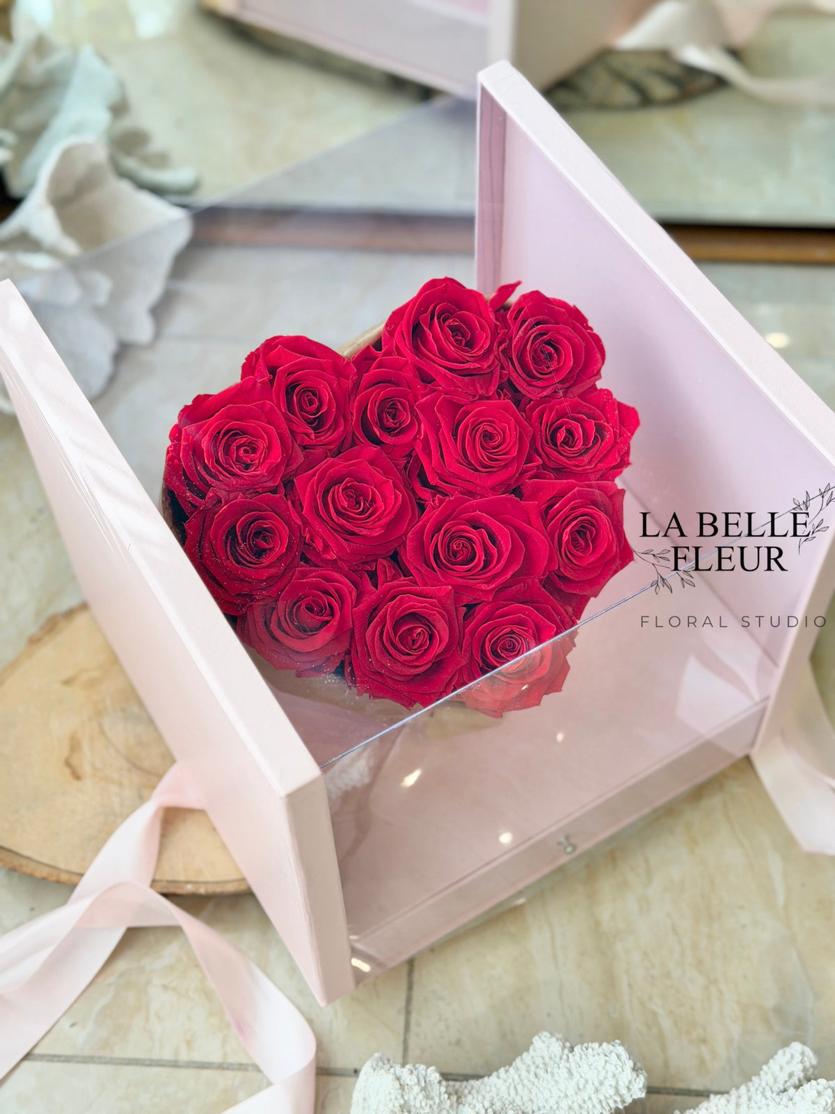 14 Preserved Roses in Heart Jewelry Box