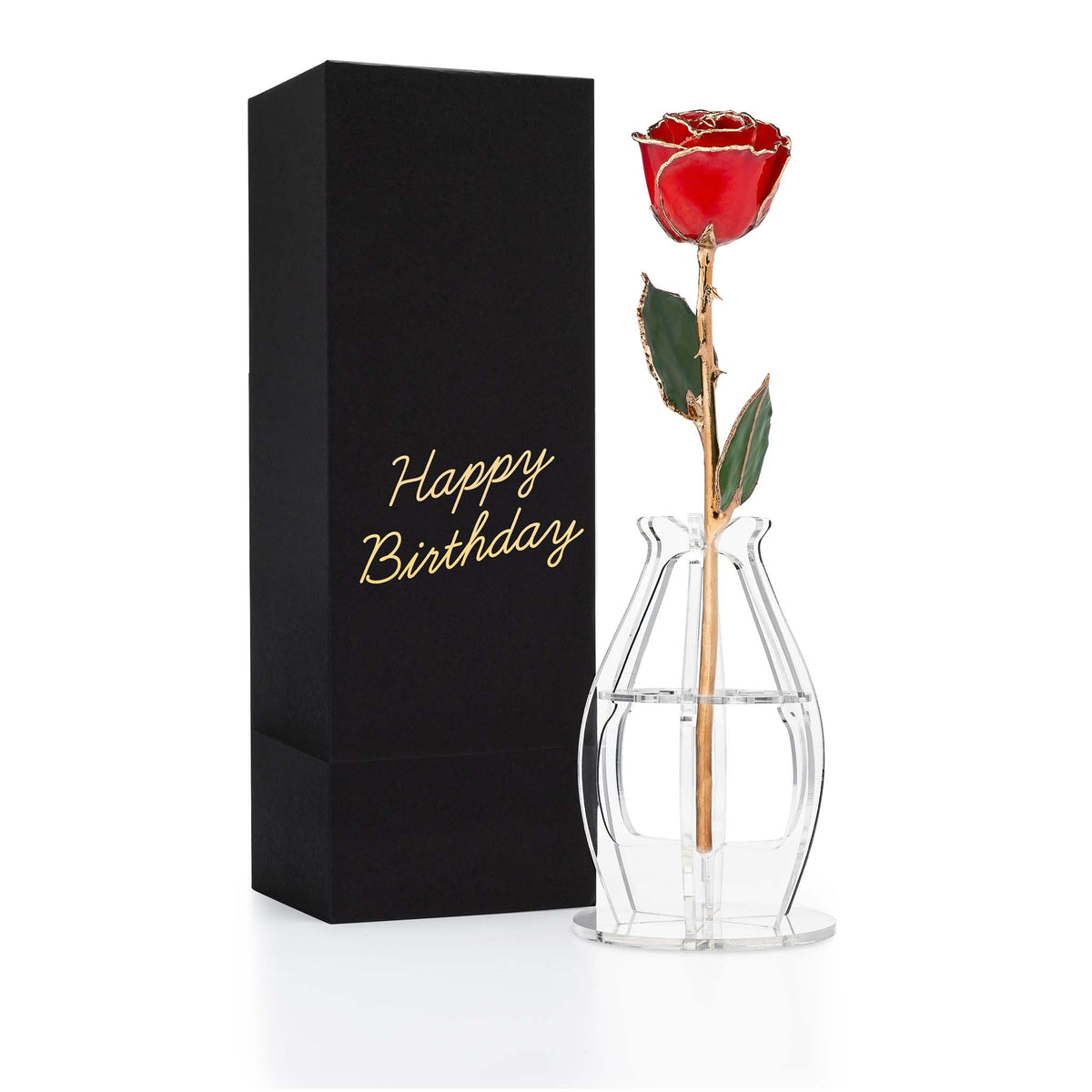 Gold Trim Dipped Real Rose Gift Box – "Happy Birthday"
