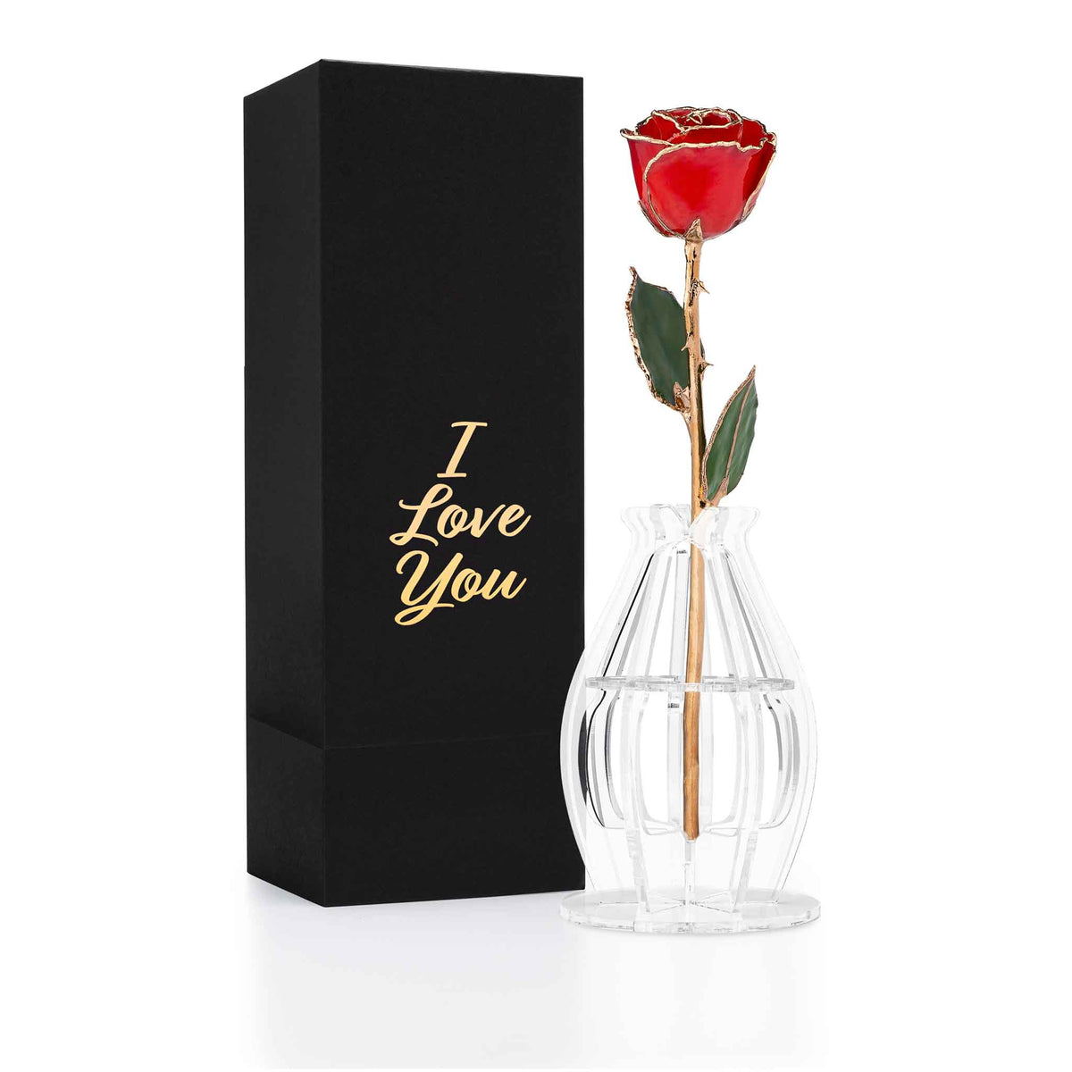 Gold Trim Dipped Real Rose Gift Box – "I Love You"