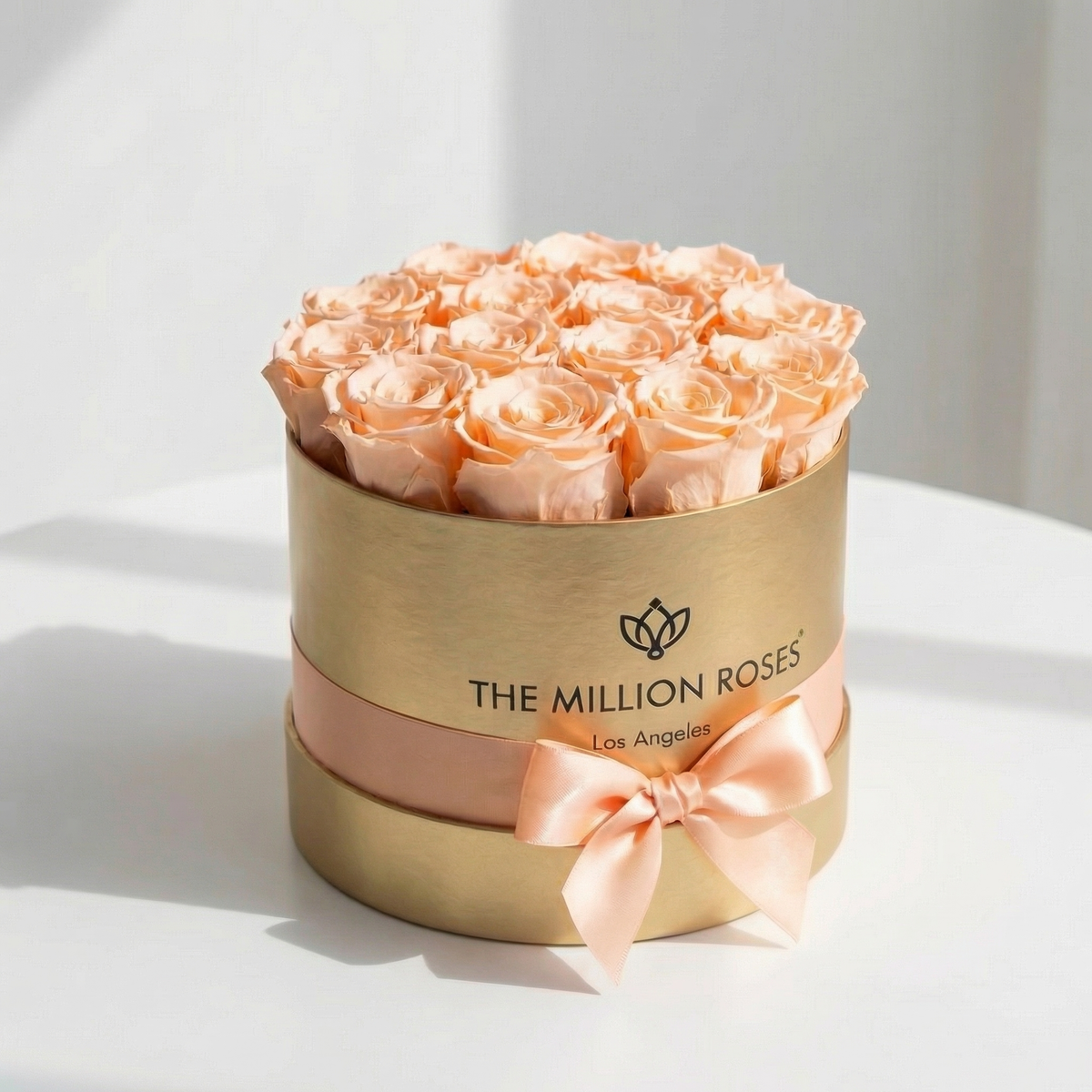 14-15 Peach Preserved Roses in Gold Gift Box