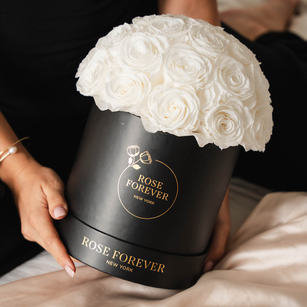 35 White & Black Preserved Roses in Dome Box